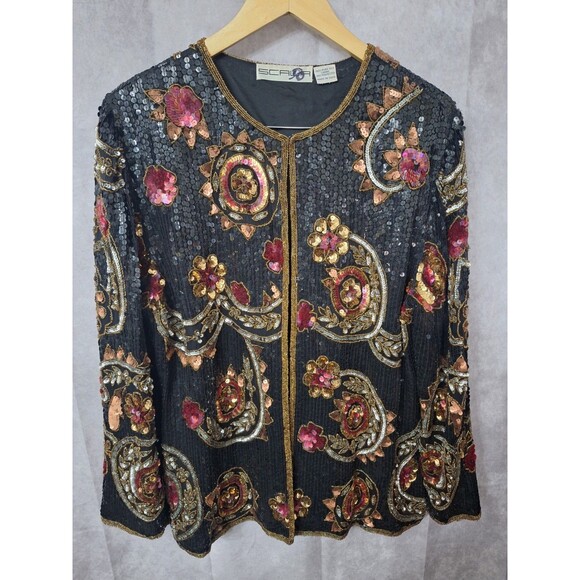 Vintage Scala Pure Silk Sequin Cardigan Sz L/XL Holiday Party Event Christmas - Picture 7 of 11